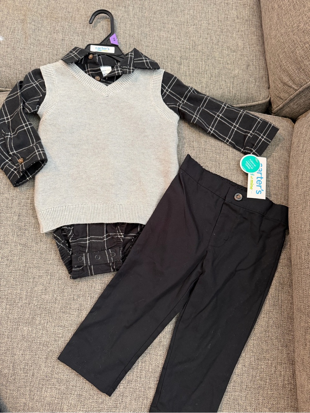 Carter's 3pc NWT Black Plaid Shirt Gray V-Neck Sweater Vest & Black Pants 2T